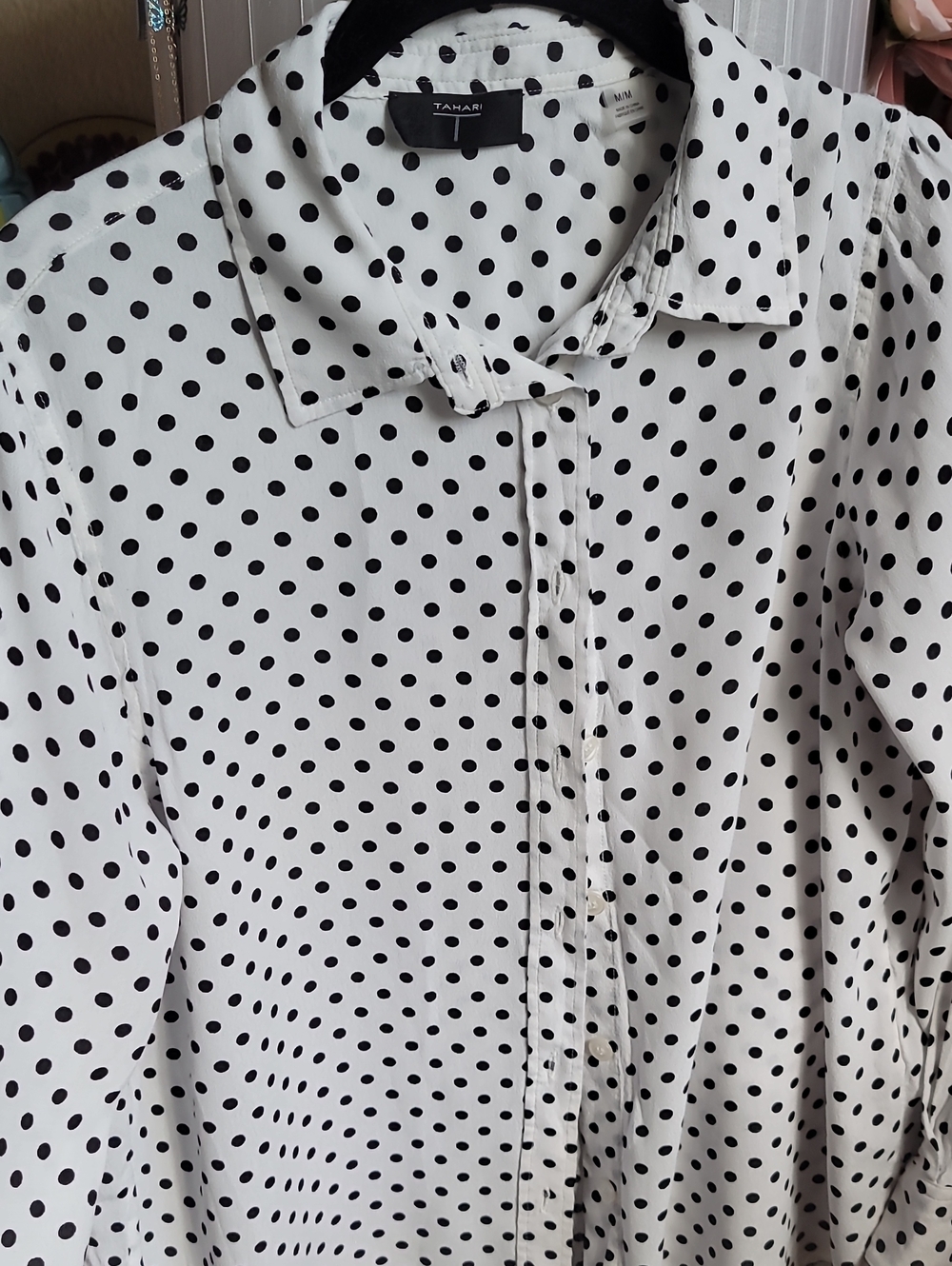 Tahari White Button-Down Shirt with Black Polka Dots